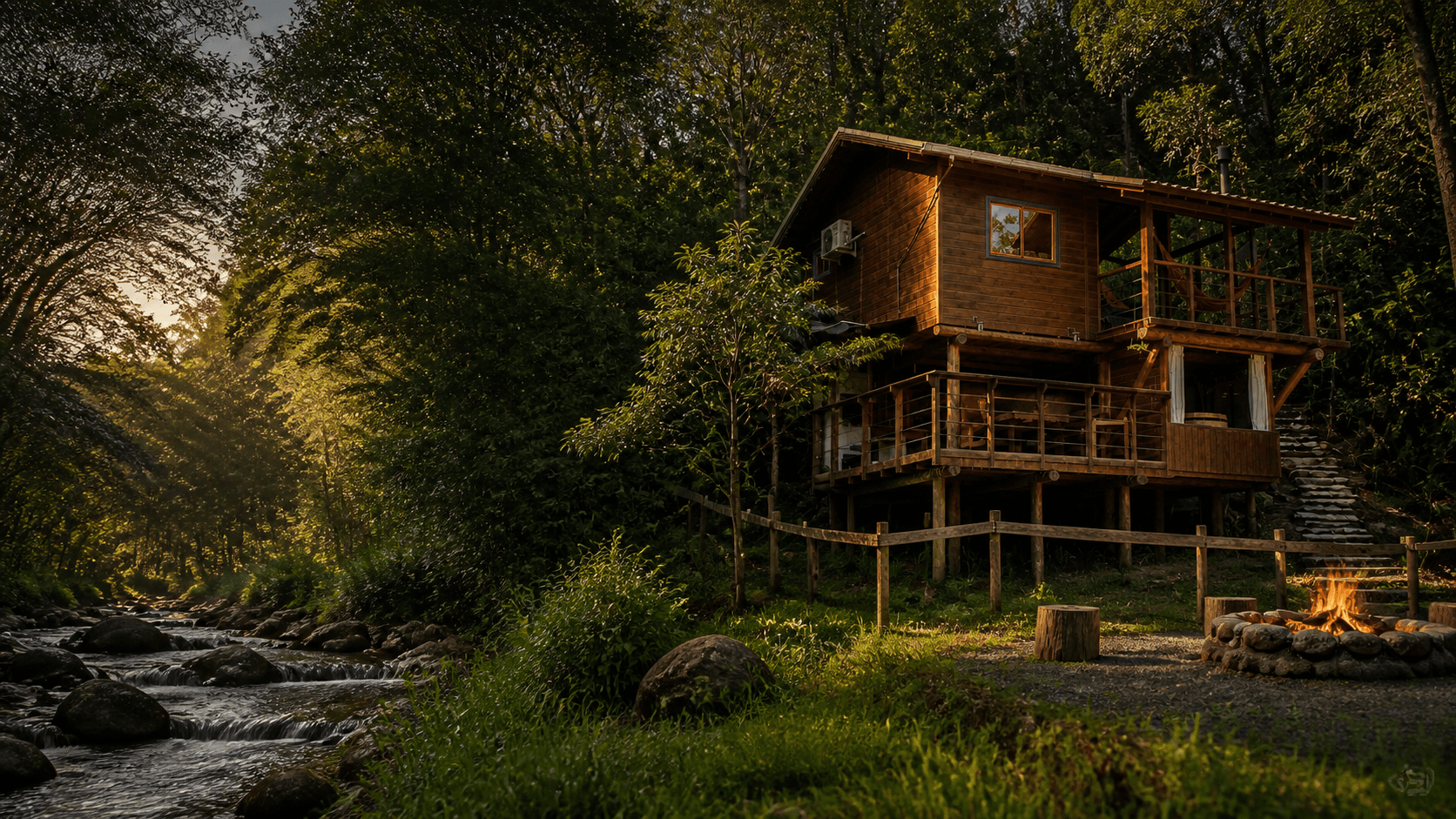 Cabana de madeira em meio à mata, com rio e área verde